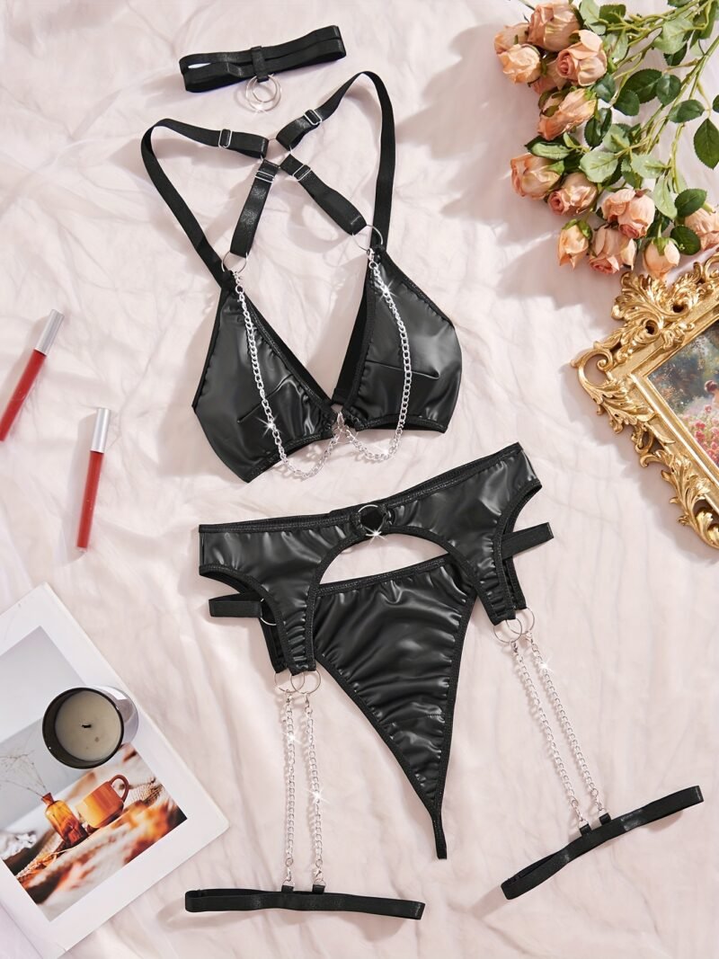 7135 Sexy Black Patent Leather Metal Chain with Collar Erotic Lingerie Set of Four