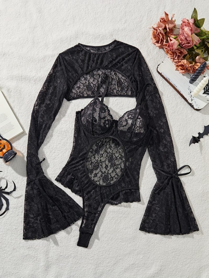 Dark sexy hottie lace mesh sheer one-piece smock with long sleeve cover-up set
