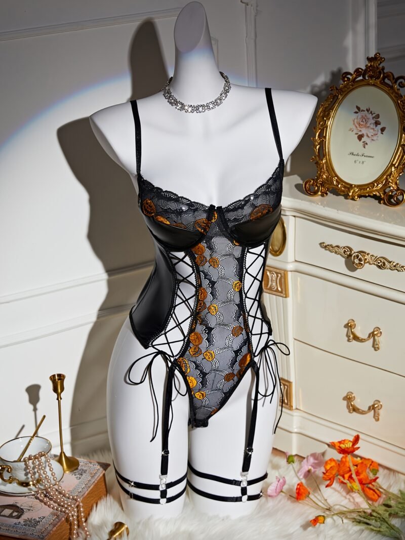 Sexual Fun Pajamas Fishnet PU Leather Temptation Onesie 7102