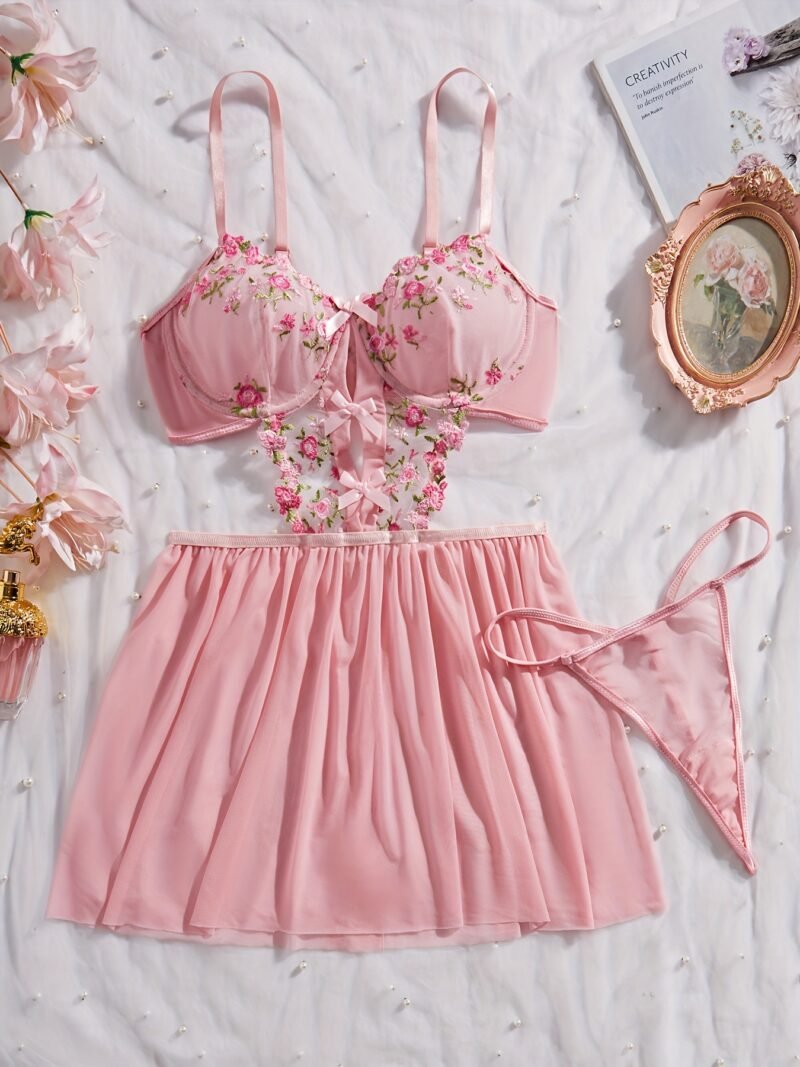 Sexy see-through mesh sweet floral bow seduction sex suit skirt 7152