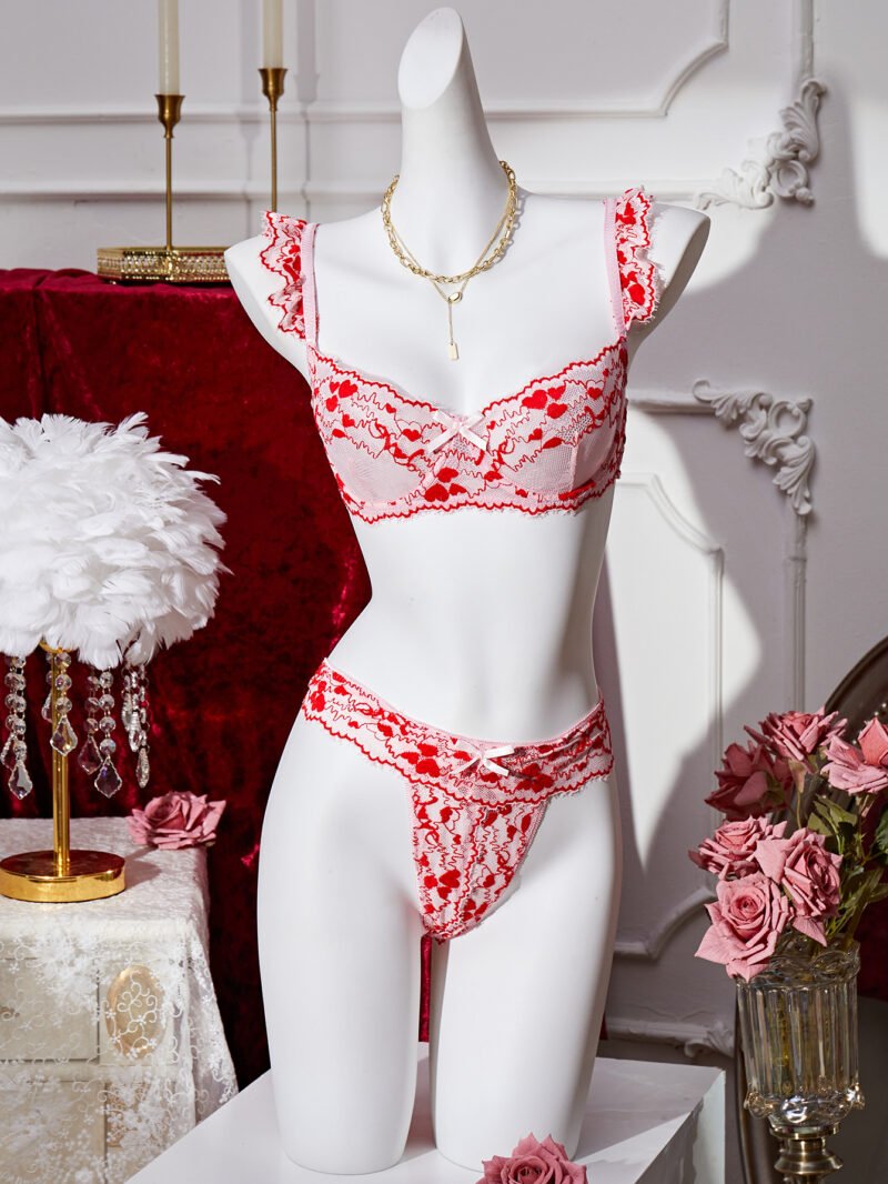 Red Bow Mesh Rose Embroidery Sheer Erotic Lingerie Set 7141