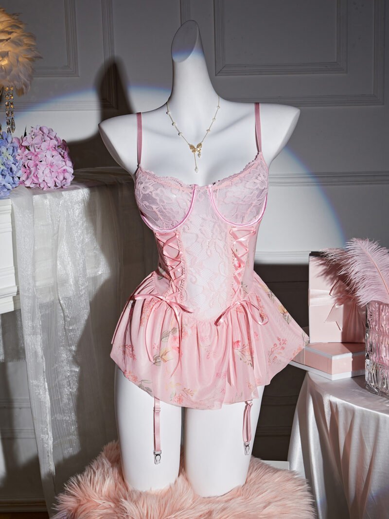 Sexy sweet suspenders lace sheer tie waist floral princess dress 7157