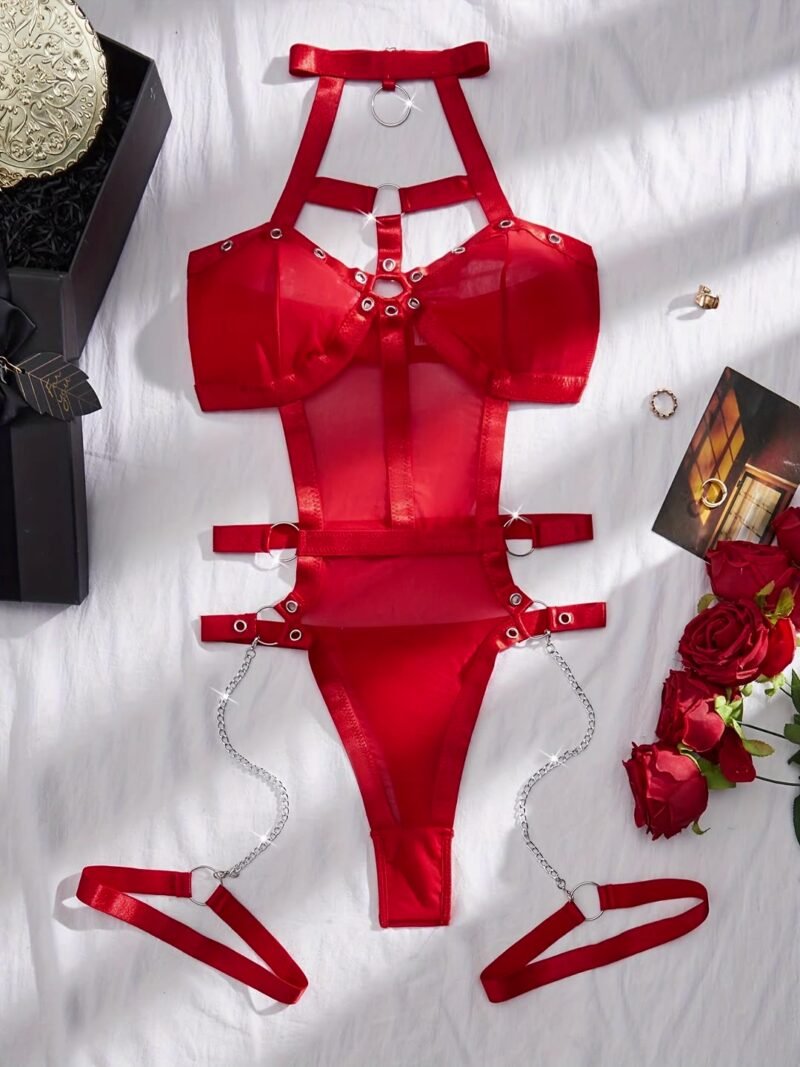 7121 Spice Girl Wind Red Halterneck Mesh Tight Metal Chain Leg Belt Sexy Set