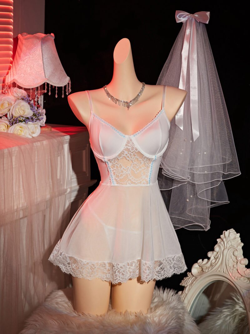 Sexy lace stitching cut-out seduction webbing cross suspender nightdress thong 7096